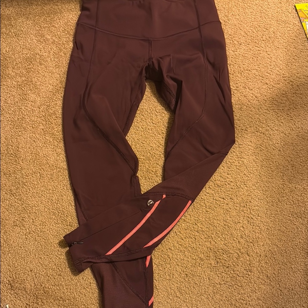 Burgundy Lululemon Leggings with Pink Accents